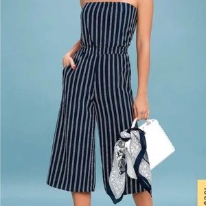 Saltwater and Sun Navy Blue Stripes Strapless Midi Jumpsuit Size Medium